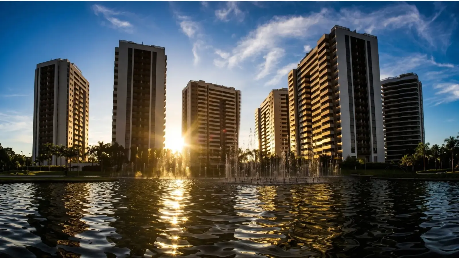 Empreendimentos do Ilha Pura ao pôr do sol, refletidos na água